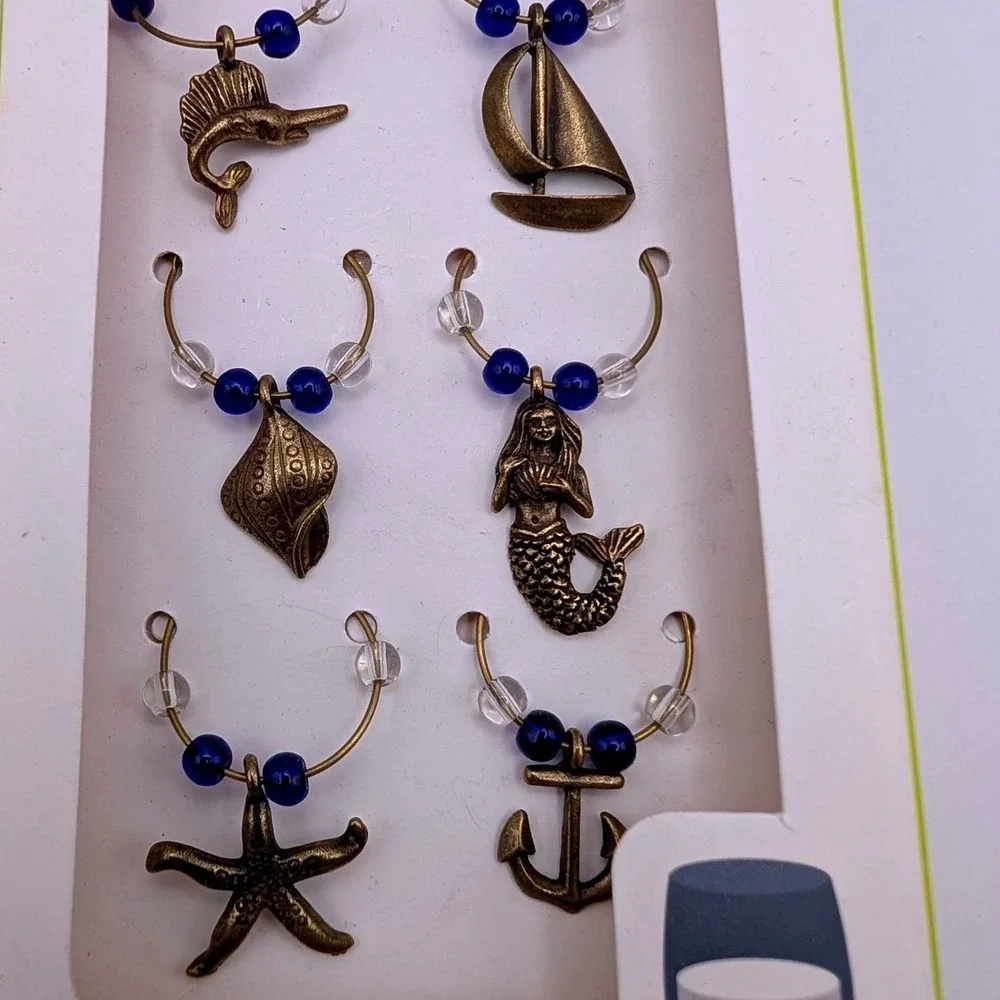 True Marina Pewter‎ Wine Charms Set of 6 Nautical Coastal Bronze Finish NIB